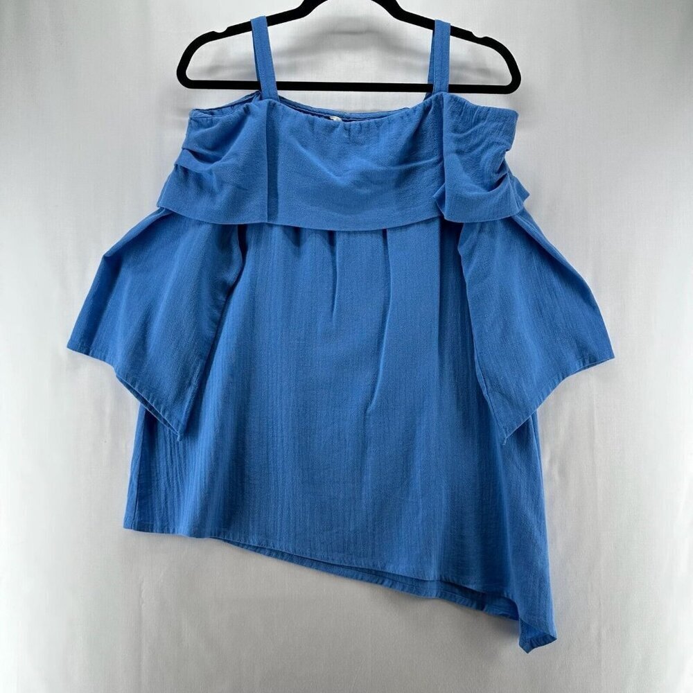 Soft Surroundings Top Women Sz PM Off Shoulder Asymmetric Hem Pullover Boho Blue